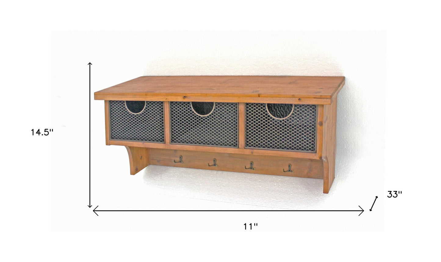 Brown Rustic Wooden Wall Shelf With 3 Drawers And Hooks