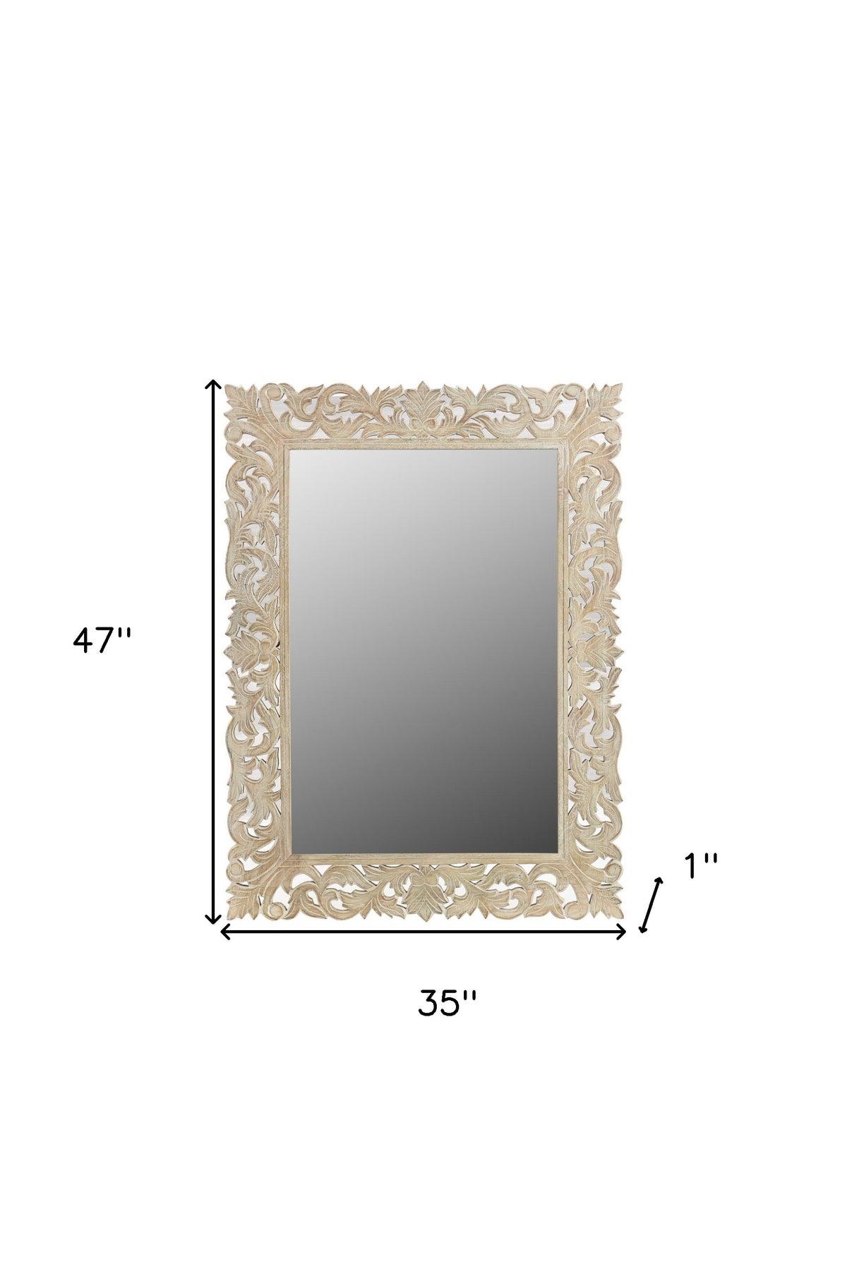 47" Antiqued White Solid Wood Carved Scrollwork Accent Mirror