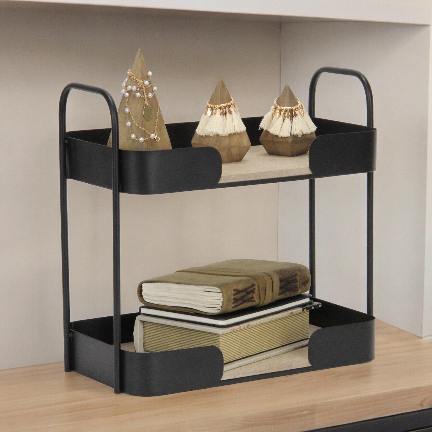 14" Brown Distressed Metal and Wood Two Tier Etagere Bookcase