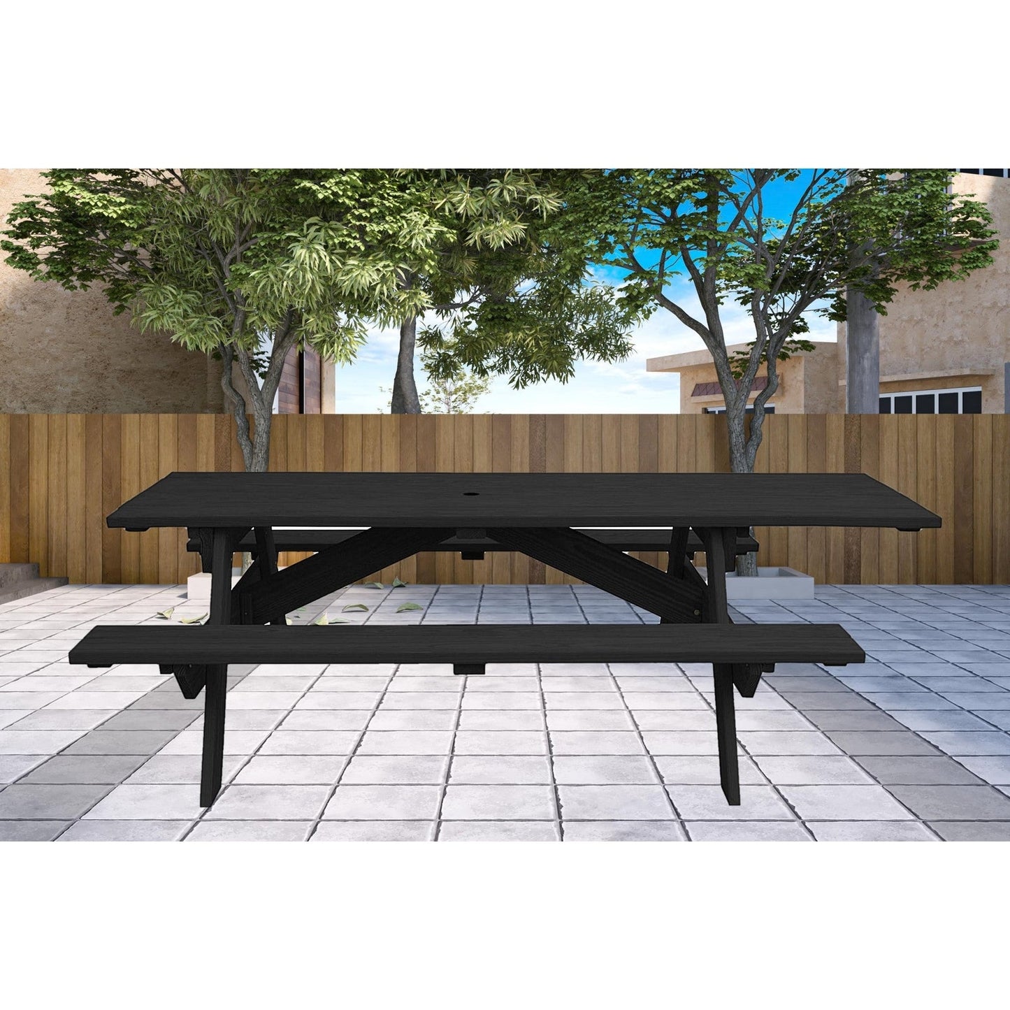 94" Charcoal Solid Wood Outdoor Picnic Table with Umbrella Hole