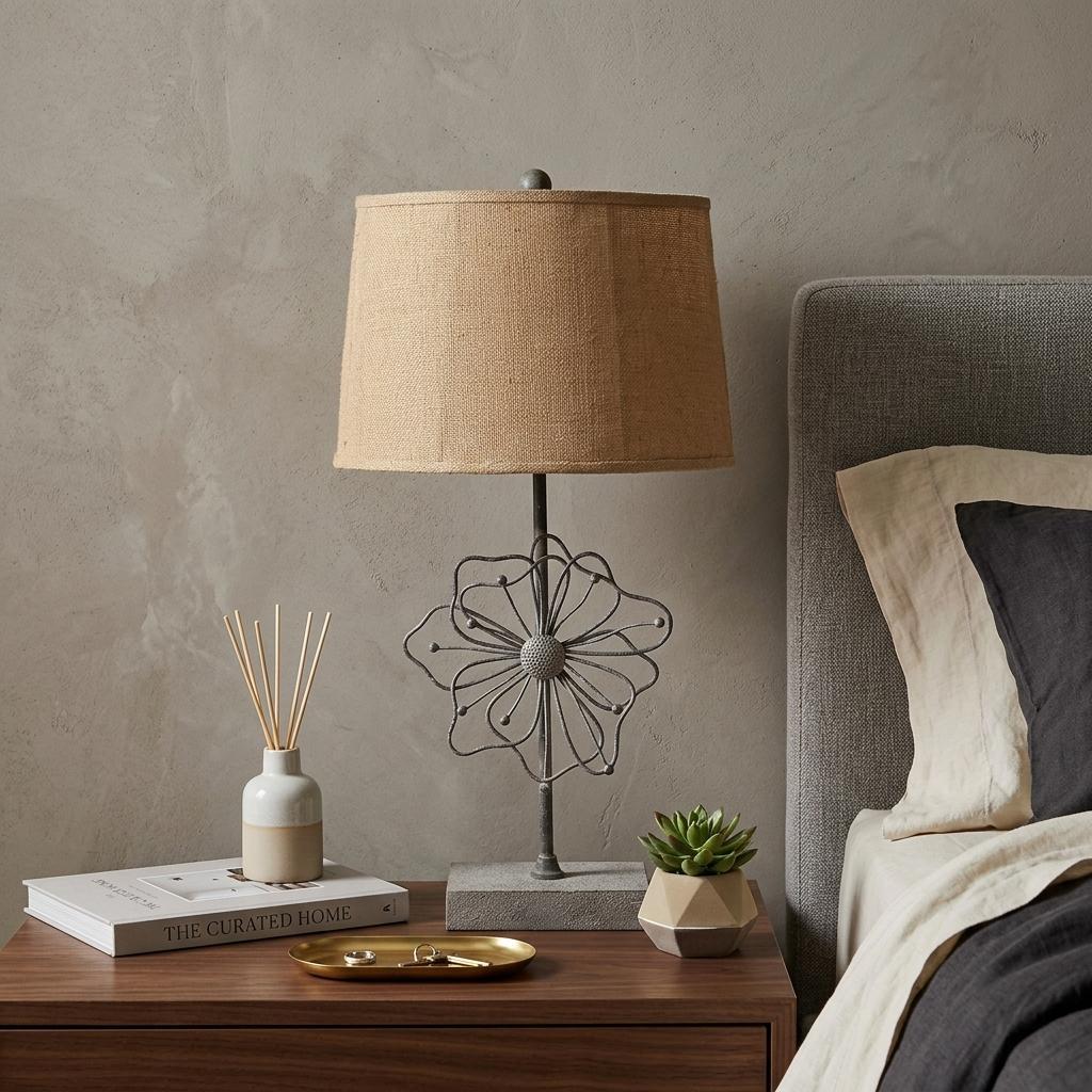 28" Distressed Gray Metal Novelty Bedside Lamp With Khaki Drum Shade
