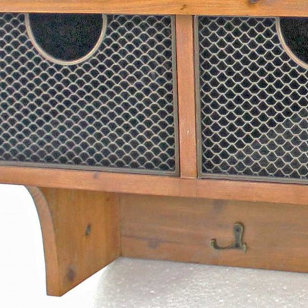 Brown Rustic Wooden Wall Shelf With 3 Drawers And Hooks