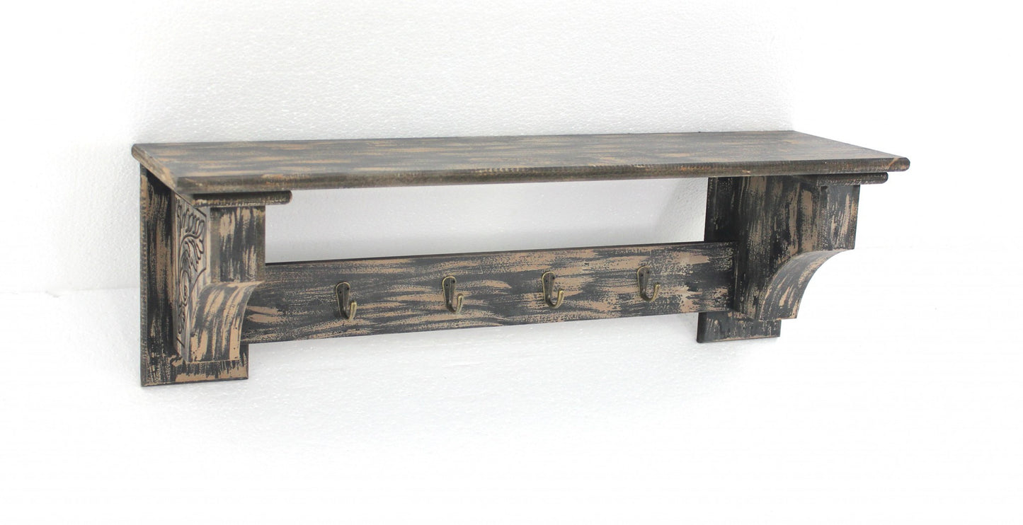 30" Black Distressed Wood Four Hook Wall Mounted Hanging Coat Rack