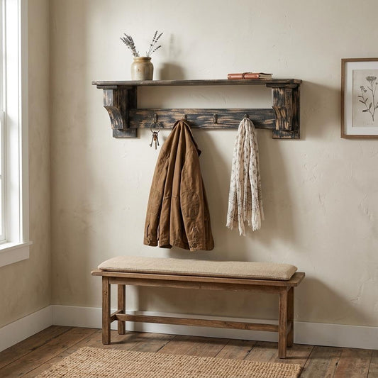 30" Black Distressed Wood Four Hook Wall Mounted Hanging Coat Rack