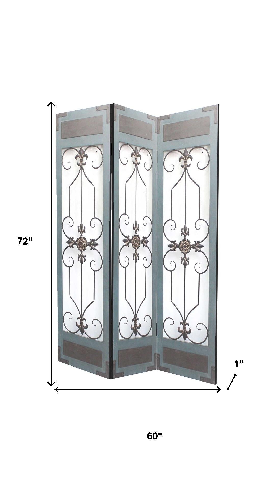 72" Blue Metal Folding Three Panel Screen Room Divider