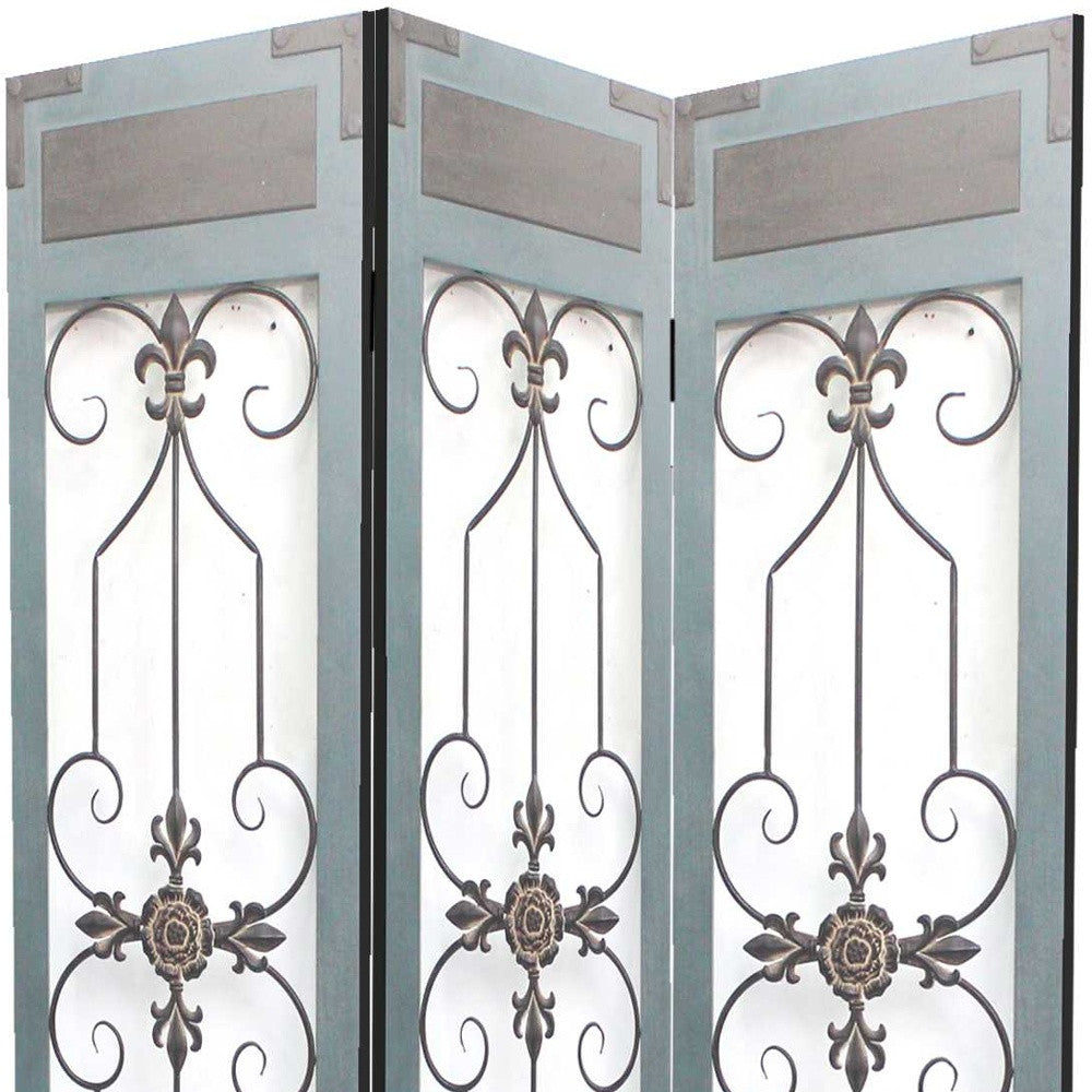 72" Blue Metal Folding Three Panel Screen Room Divider
