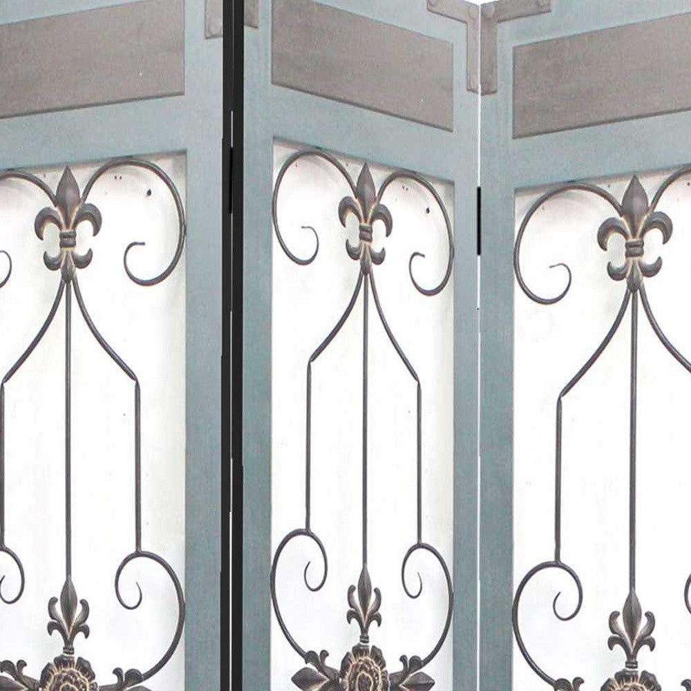 72" Blue Metal Folding Three Panel Screen Room Divider