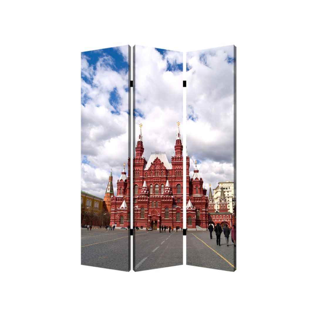 72" Red Blue And Ivory Canvas Folding Three Panel Screen Room Divider