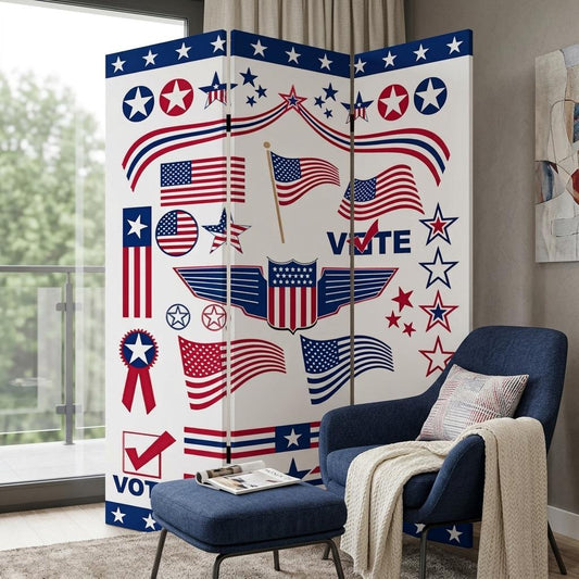 72" Blue and White Canvas Folding Three Panel Screen Room Divider