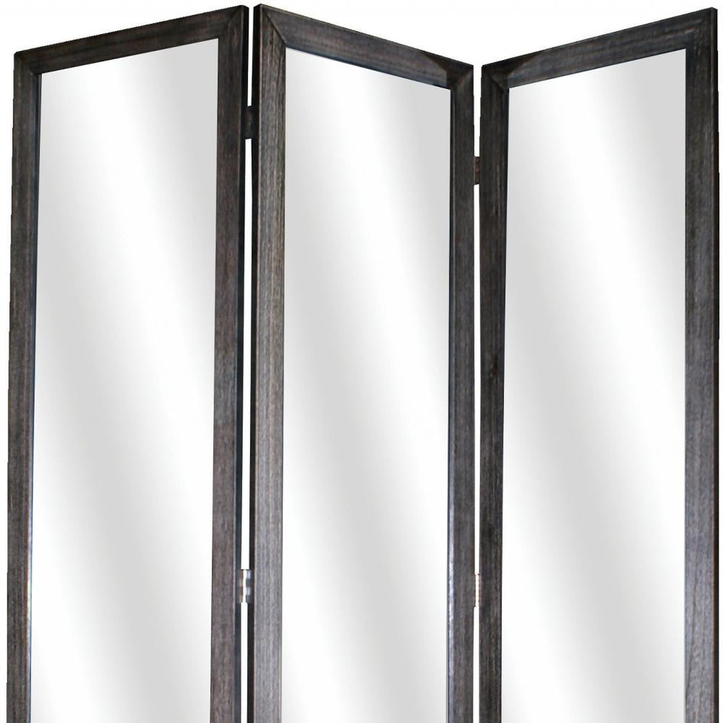 69" Black Wood and Mirrored Glass Folding Three Panel Screen Room Divider