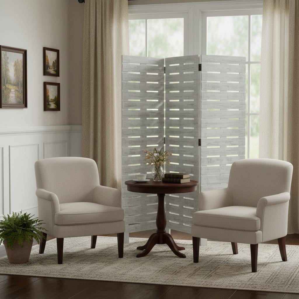 72" White Wood Folding Three Panel Screen Room Divider
