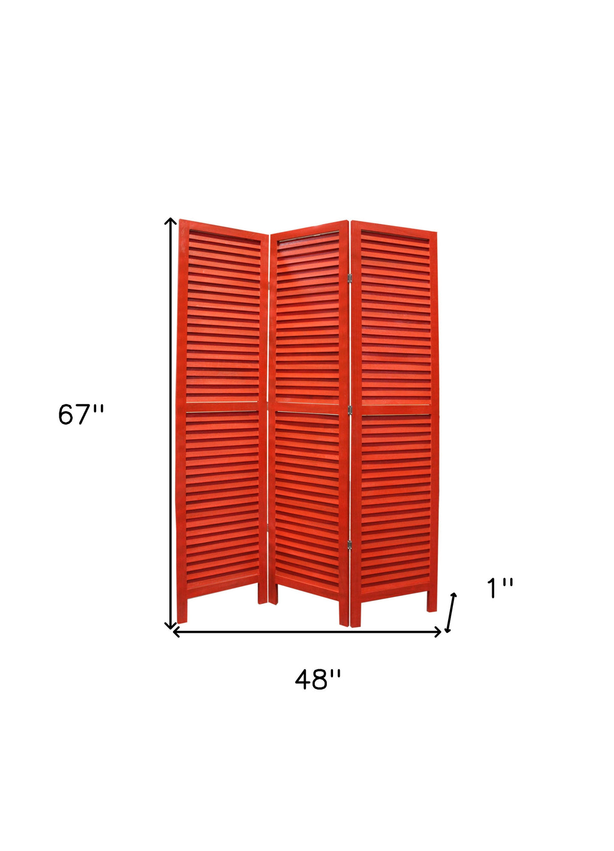 67" Red Wood Folding Three Panel Screen Room Divider