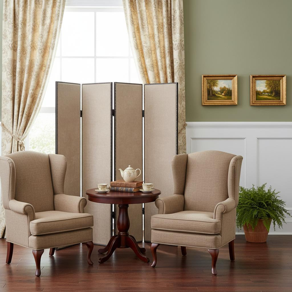 84" Beige Fabric Folding Four Panel Screen Room Divider