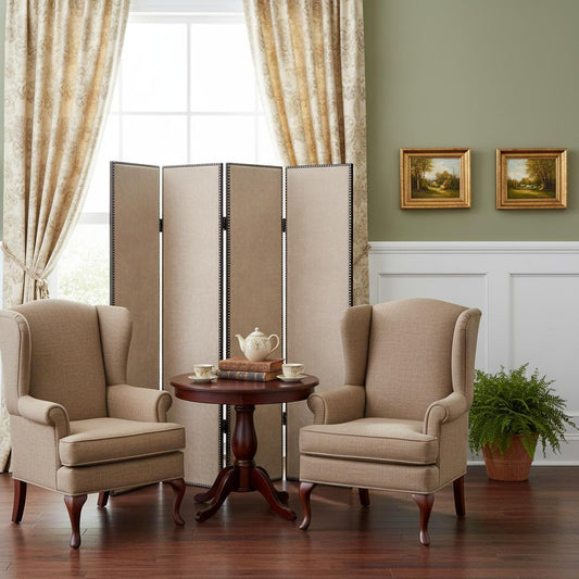 84" Beige Fabric Folding Four Panel Screen Room Divider