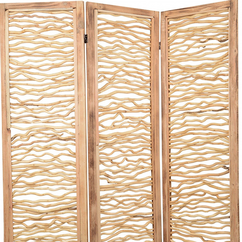 69" Brown Wood Folding Three Panel Screen Room Divider