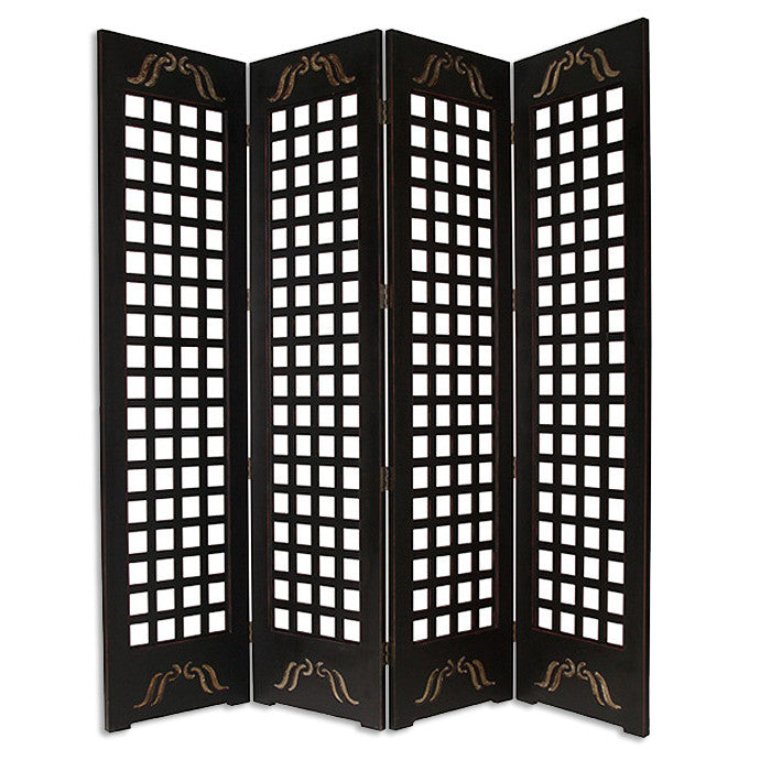 84" Brown Wood Folding Four Panel Screen Room Divider