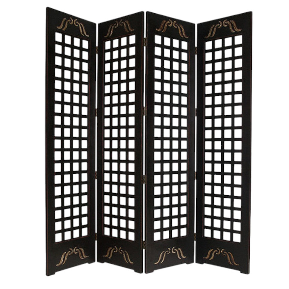 84" Brown Wood Folding Four Panel Screen Room Divider