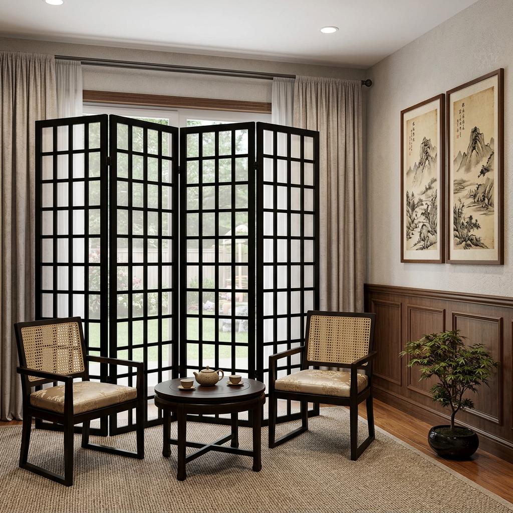 96" Black And White Folding Four Panel Screen Room Divider