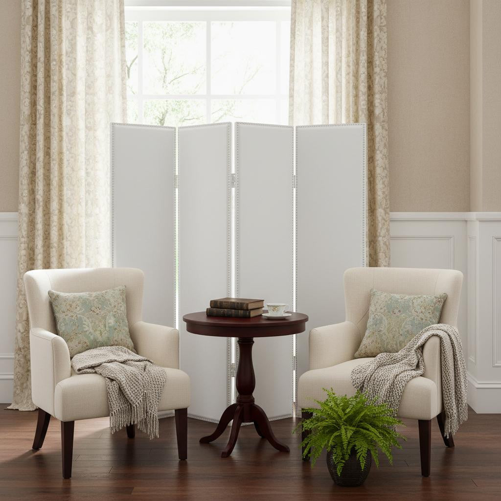 84" White Faux Leather Folding Four Panel Screen Room Divider