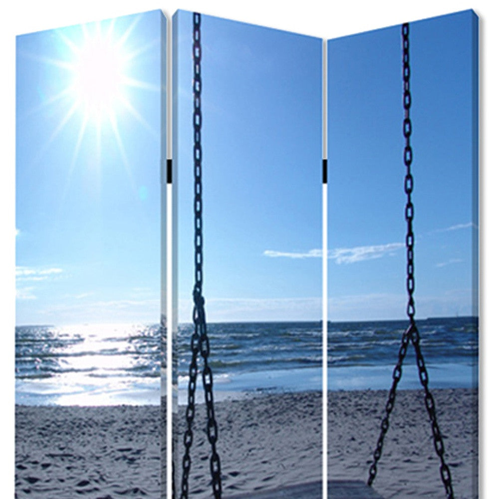 72" Blue Canvas Folding Three Panel Screen Room Divider
