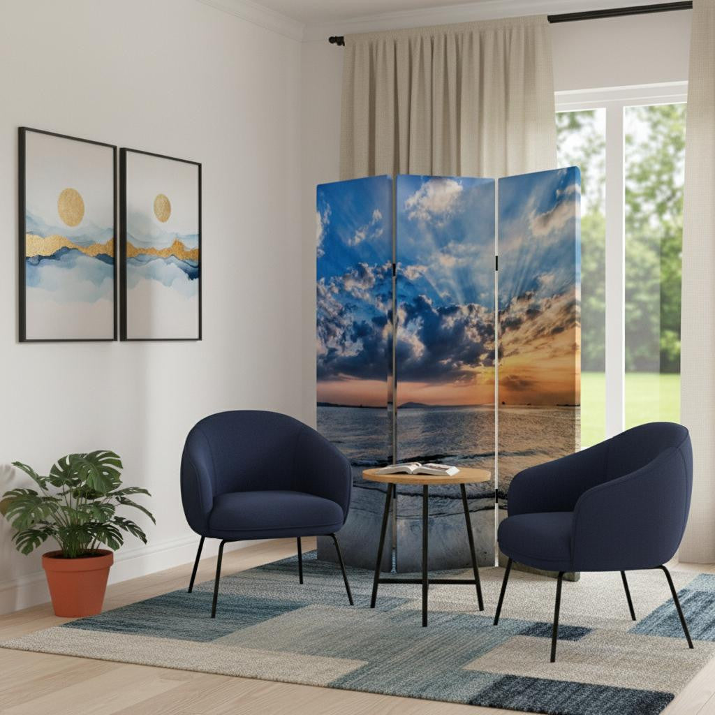 72" Blue Canvas Folding Three Panel Screen Room Divider