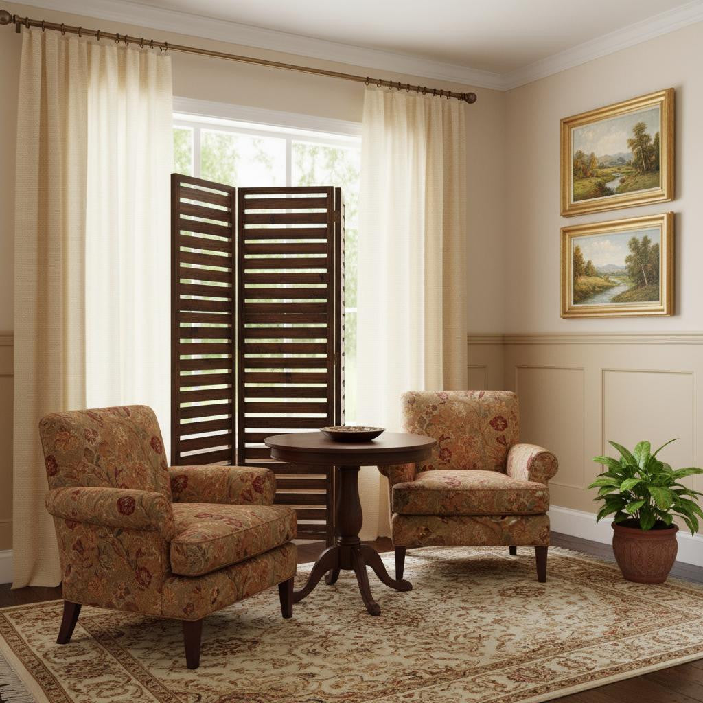 72" Brown Wood Folding Three Panel Screen Room Divider
