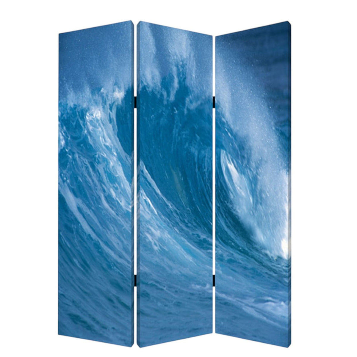 72" Blue And White Canvas Folding Three Panel Screen Room Divider