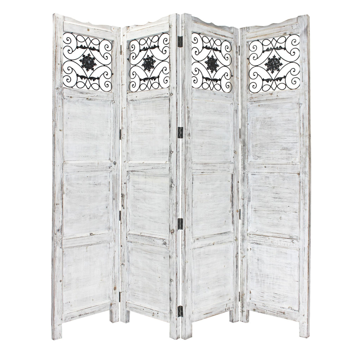 84" White Wood Folding Four Panel Screen Room Divider