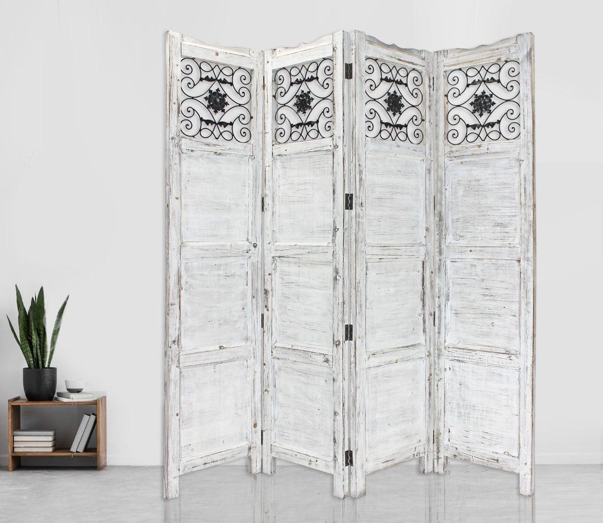 84" White Wood Folding Four Panel Screen Room Divider
