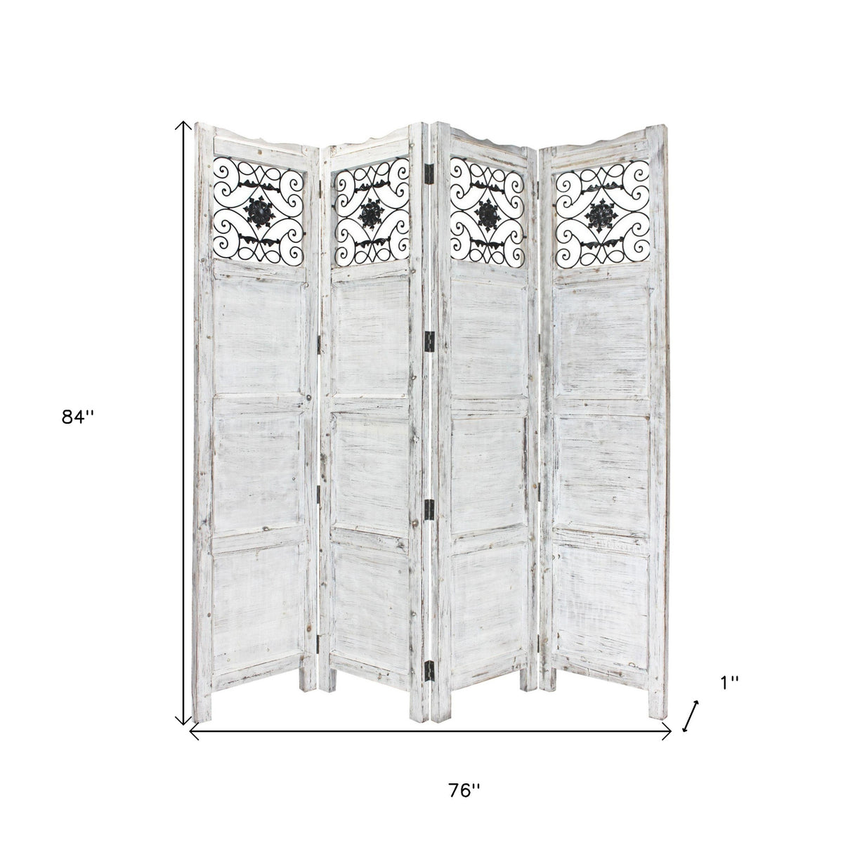 84" White Wood Folding Four Panel Screen Room Divider