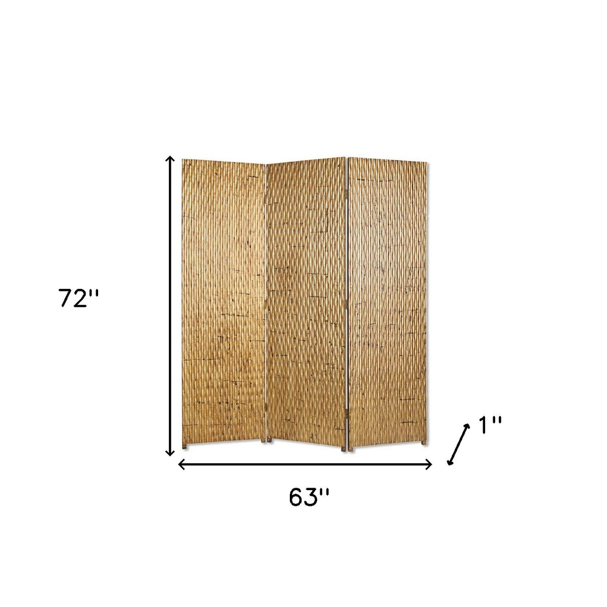 72" Gold Wood Folding Three Panel Screen Room Divider
