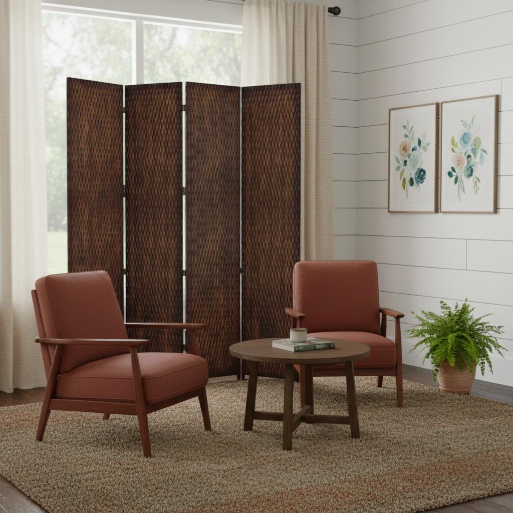 84" Brown Wood Folding Four Panel Screen Room Divider