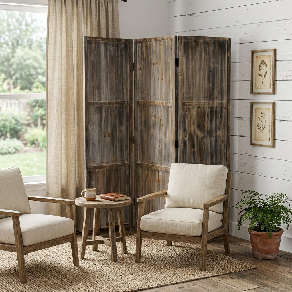 72" Brown Wood Folding Three Panel Screen Room Divider