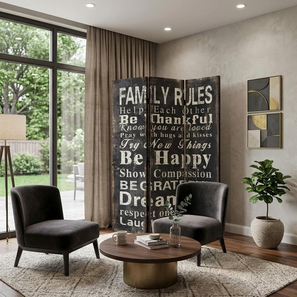 72" Black And White Canvas Folding Three Panel Screen Room Divider