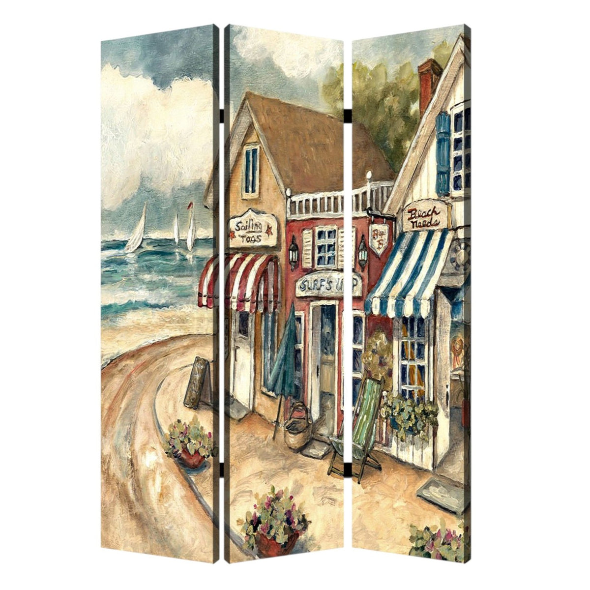 72" Beige Canvas Folding Three Panel Screen Room Divider