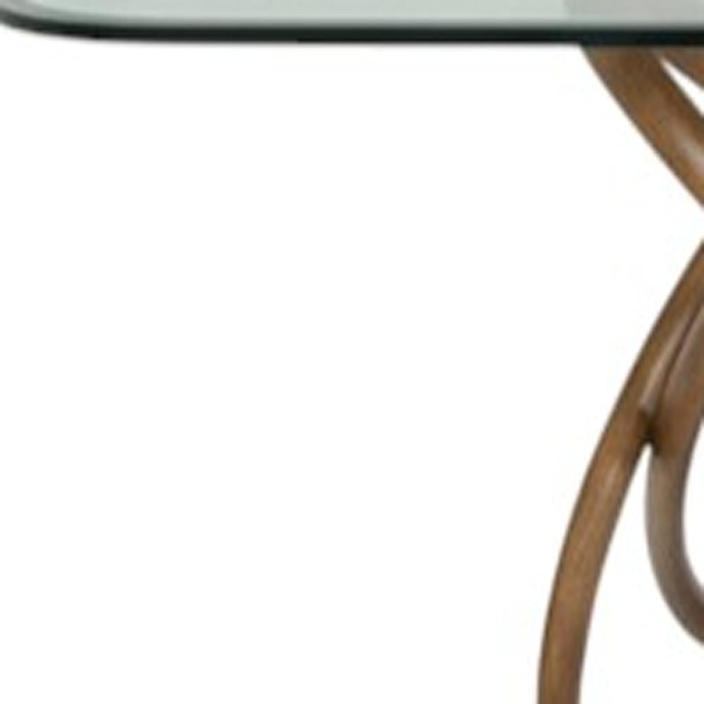 94" Clear And Natural Glass And Solid Wood Pedestal Base Dining Table