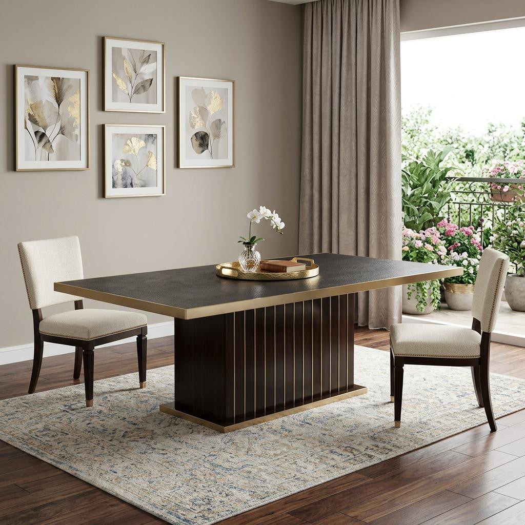 95" Black and Gold Wood Pedestal Base Dining Table