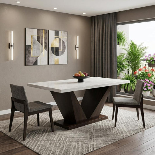 64" White And Dark Brown Marble And Solid Manufactured Wood Pedestal Base Dining Table