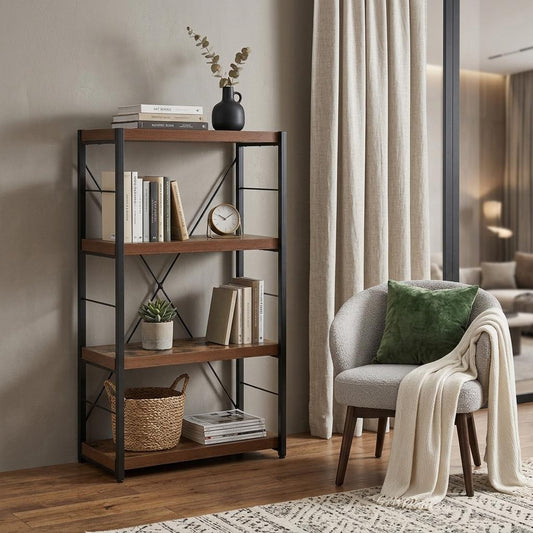 43" Black And Brown Distressed Metal and Wood Three Tier Etagere Bookcase
