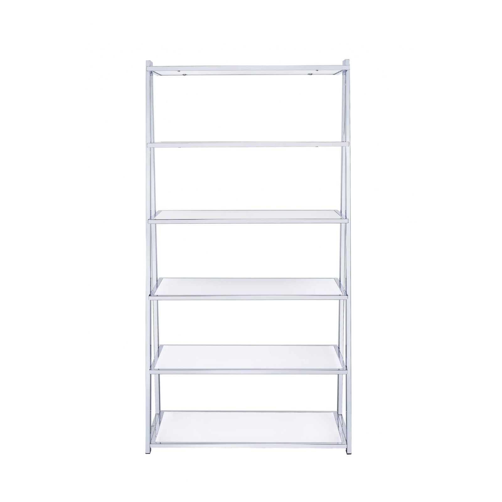 White And Silver Metal and Glass Five Tier Ladder Bookcase