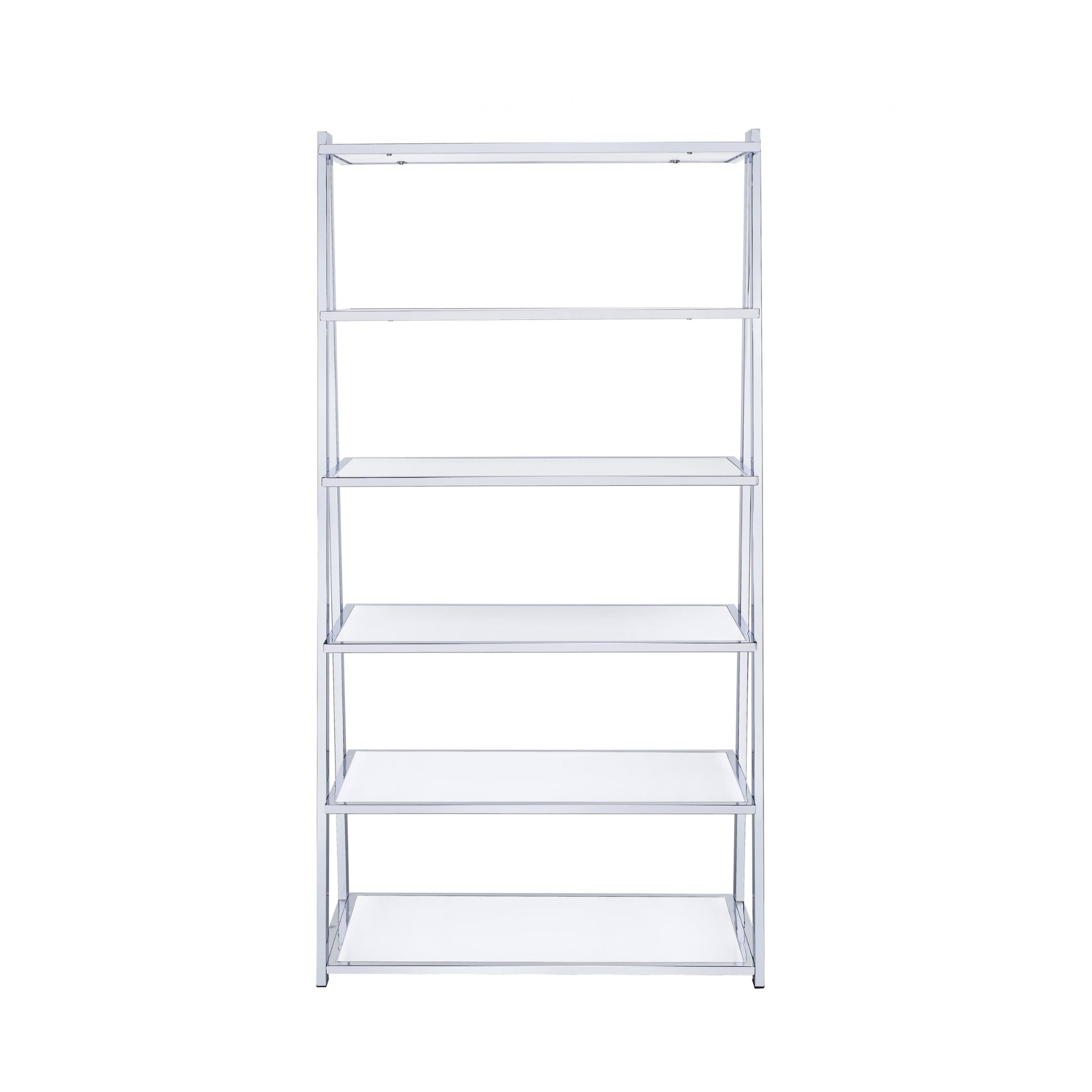 White And Silver Metal and Glass Five Tier Ladder Bookcase