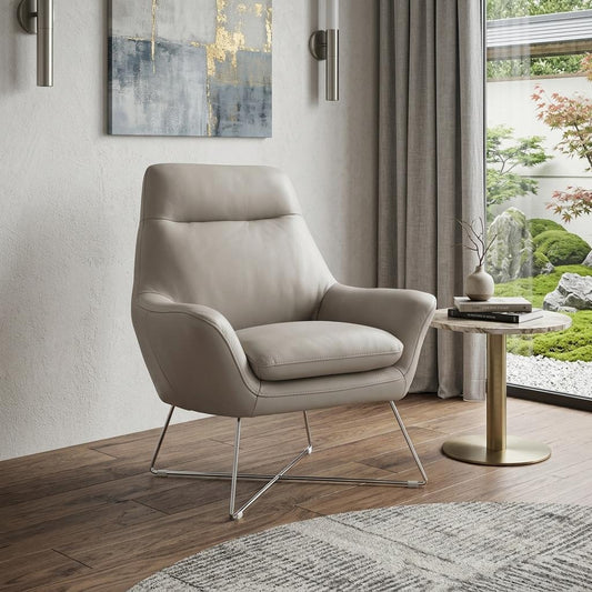 33" Light Gray and Silver Italian Leather Tufted Arm Chair