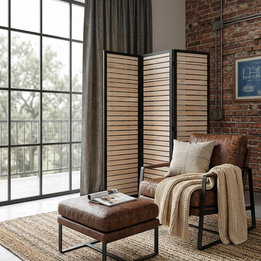 67" Natural Wood and Iron Folding Three Panel Screen Room Divider