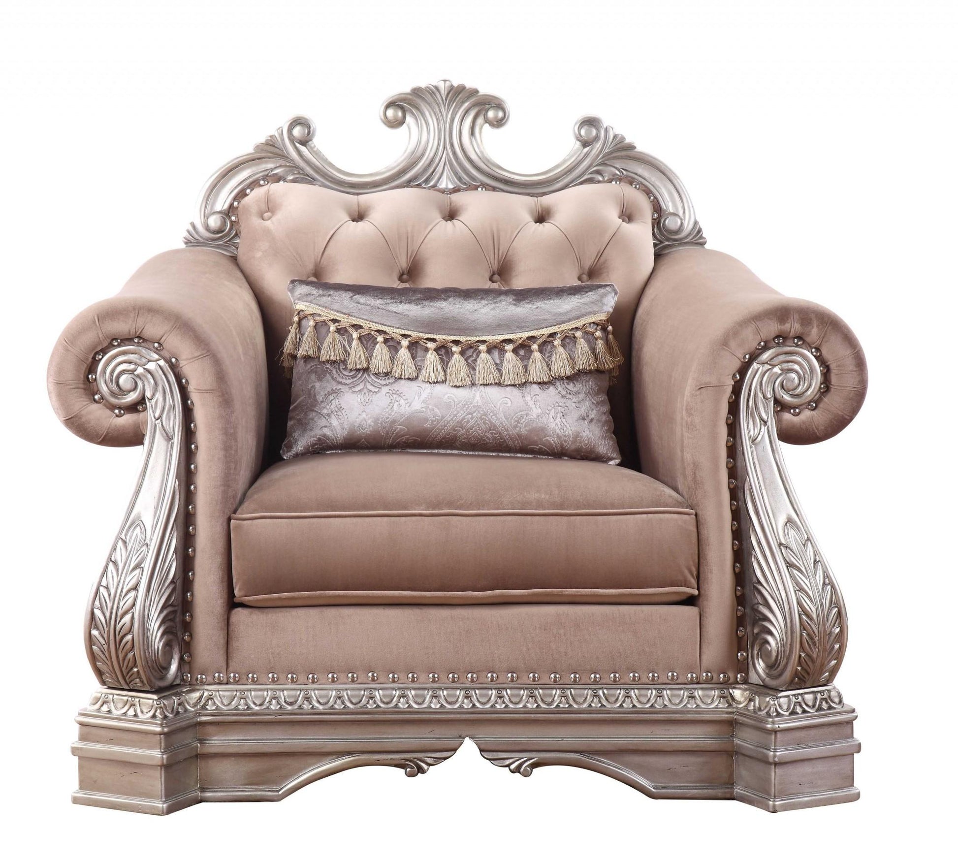 42" Cherry Blossom Pink and Silver Velvet Tufted Arm Chair And Toss Pillow