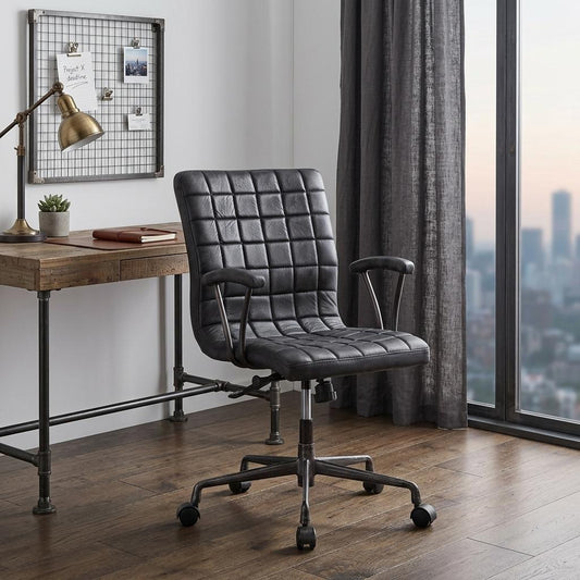 24" X 25" X 36" Vintage Black Top Grain Leather Aluminum Metal Upholstered (Seat) Casters Engineered Wood Executive Office Chair