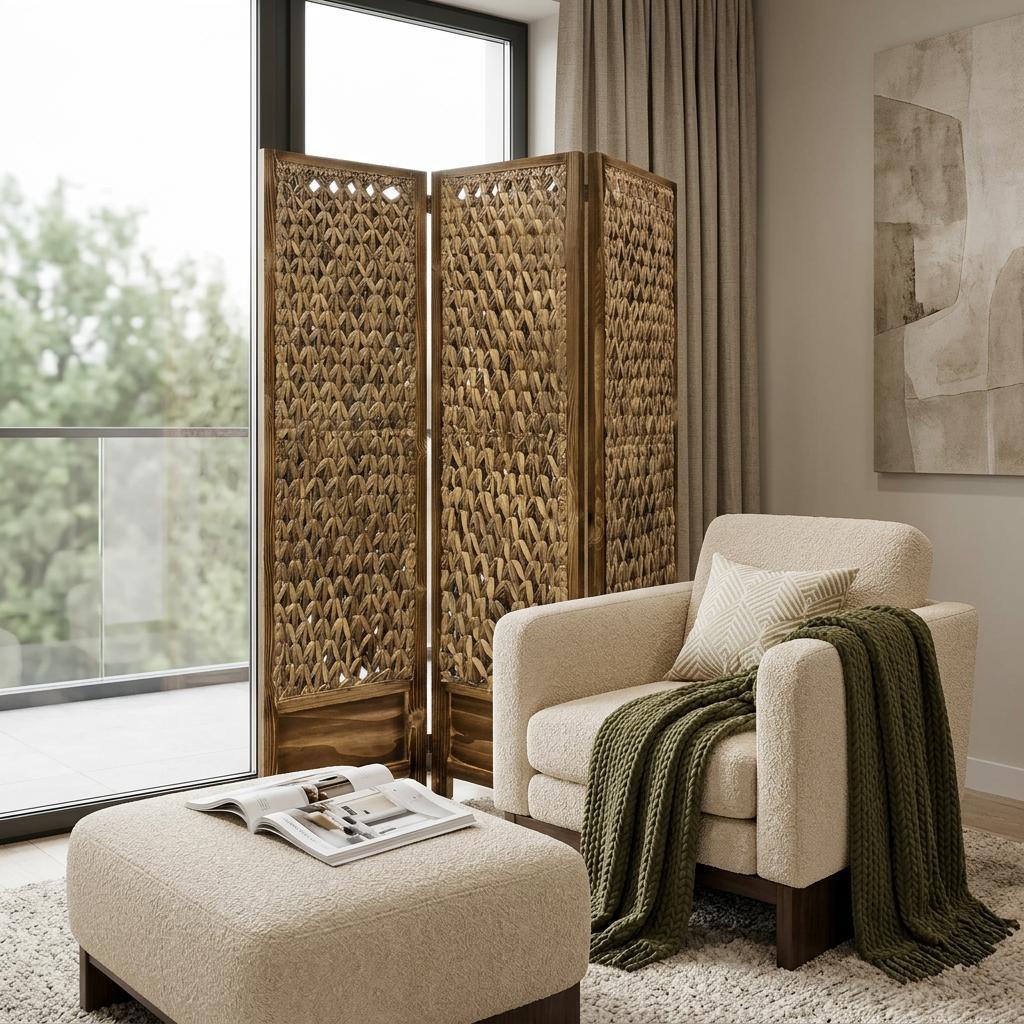 67" Brown Folding Three Panel Screen Room Divider