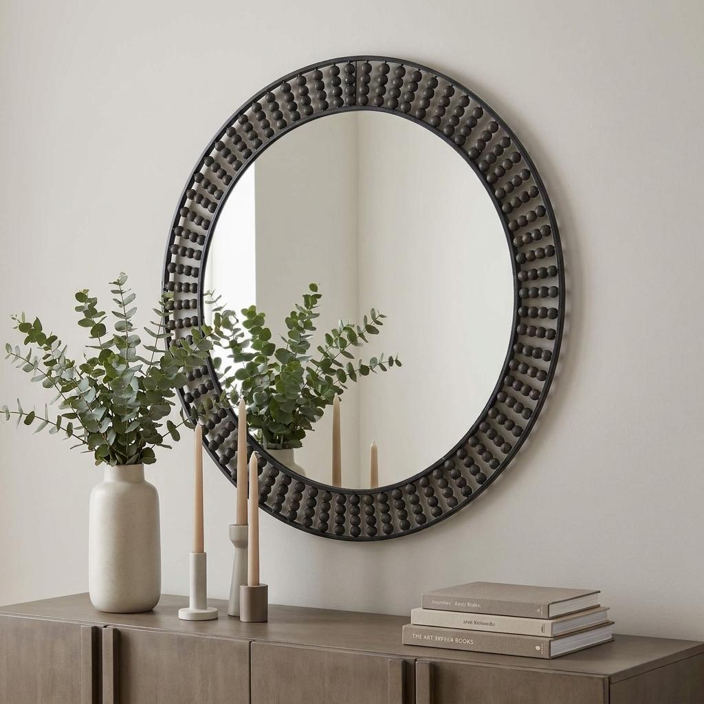 42" Round Black Metal Frame Wall Mirror With Wood Beads