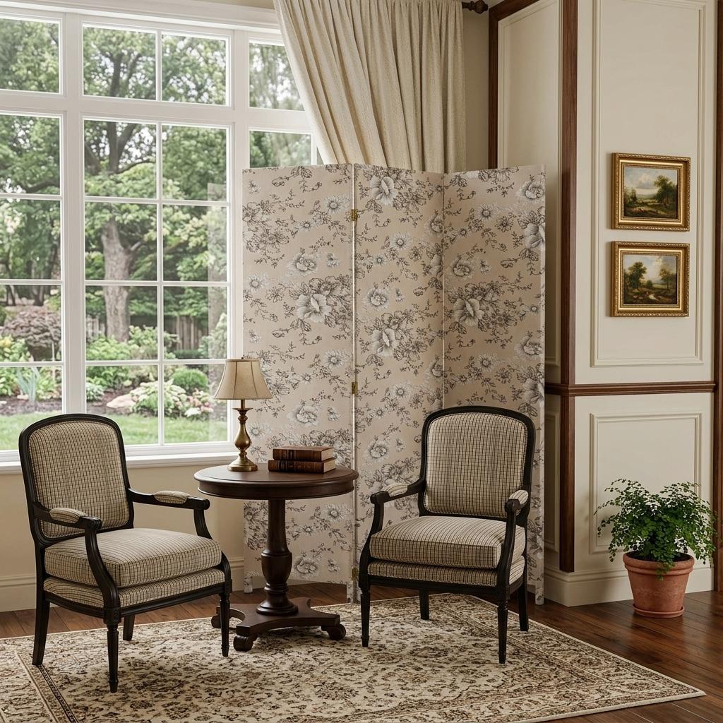 71" Beige and Black Fabric Folding Three Panel Screen Room Divider