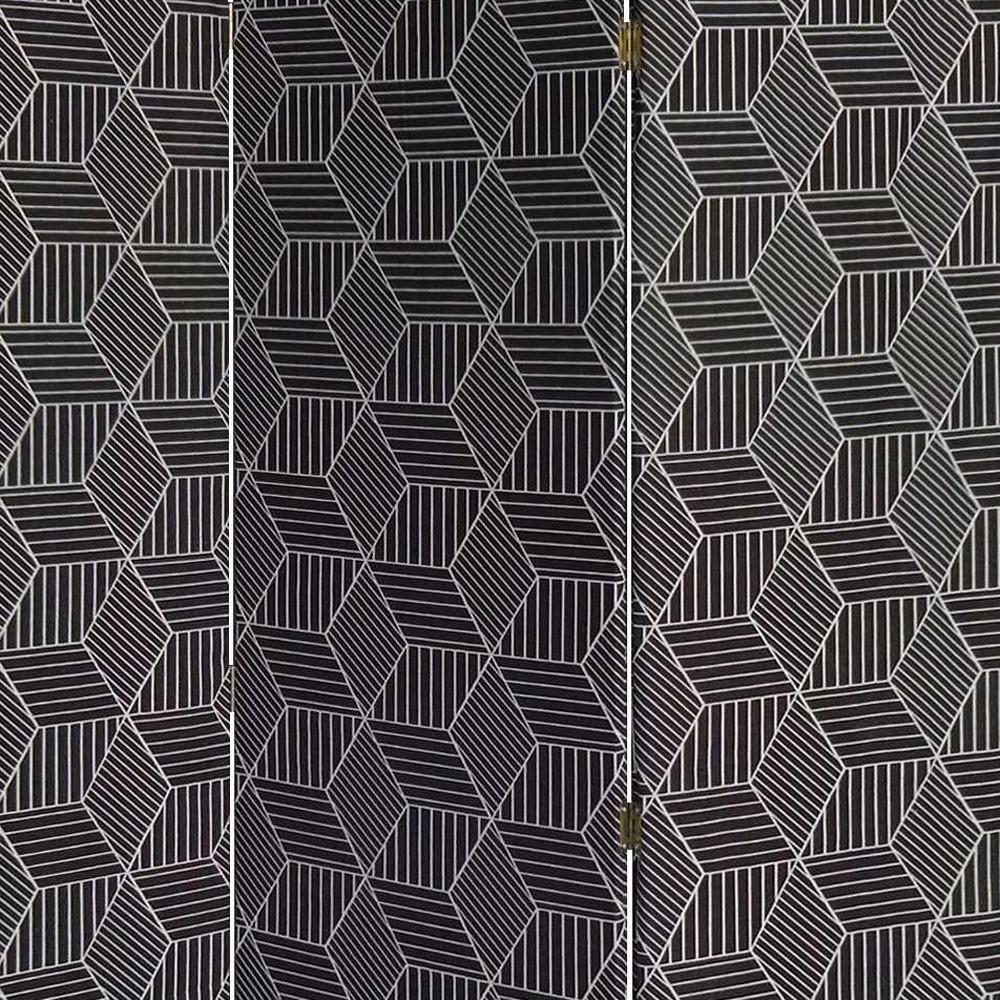 71" Black and White Fabric Folding Three Panel Screen Room Divider