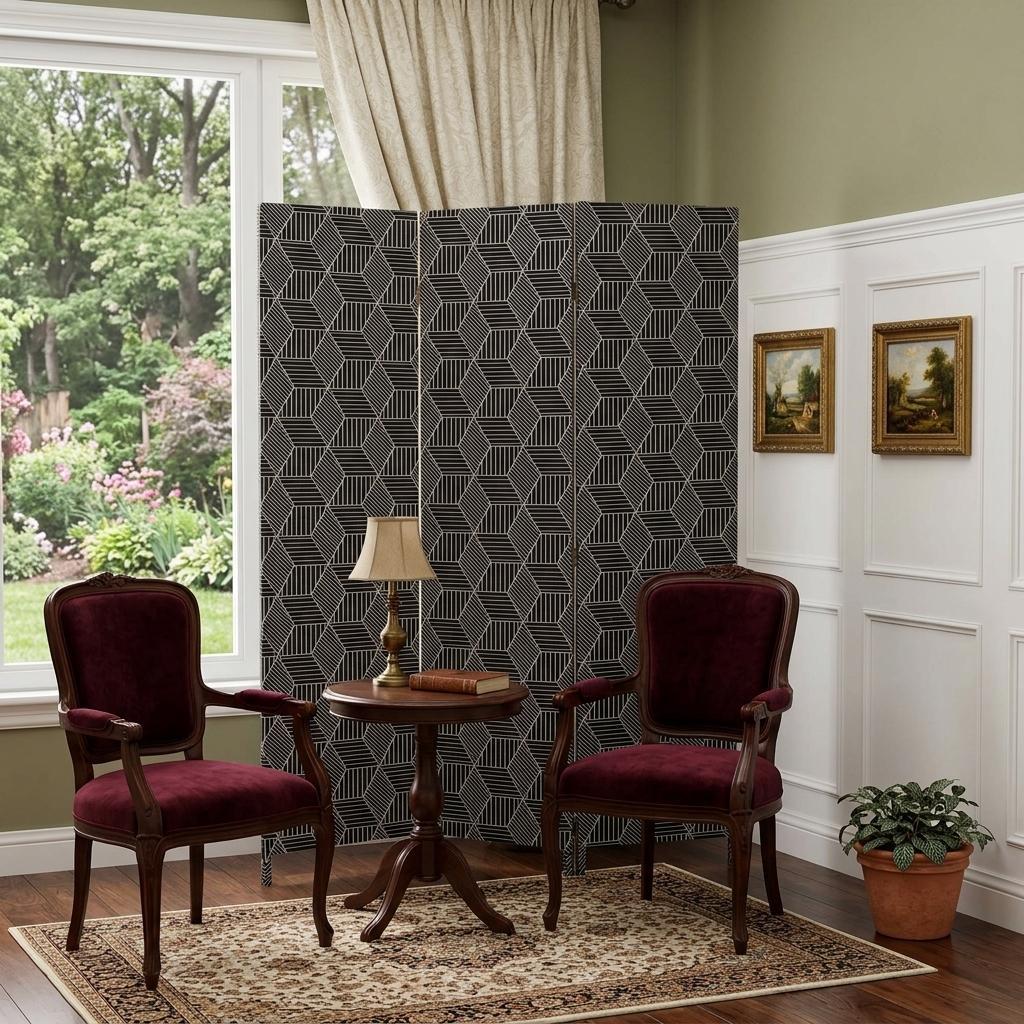71" Black and White Fabric Folding Three Panel Screen Room Divider
